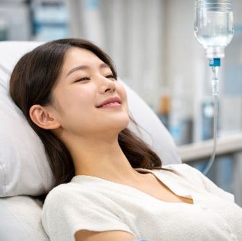 편안히 누워 정맥 수액을 받는 여성