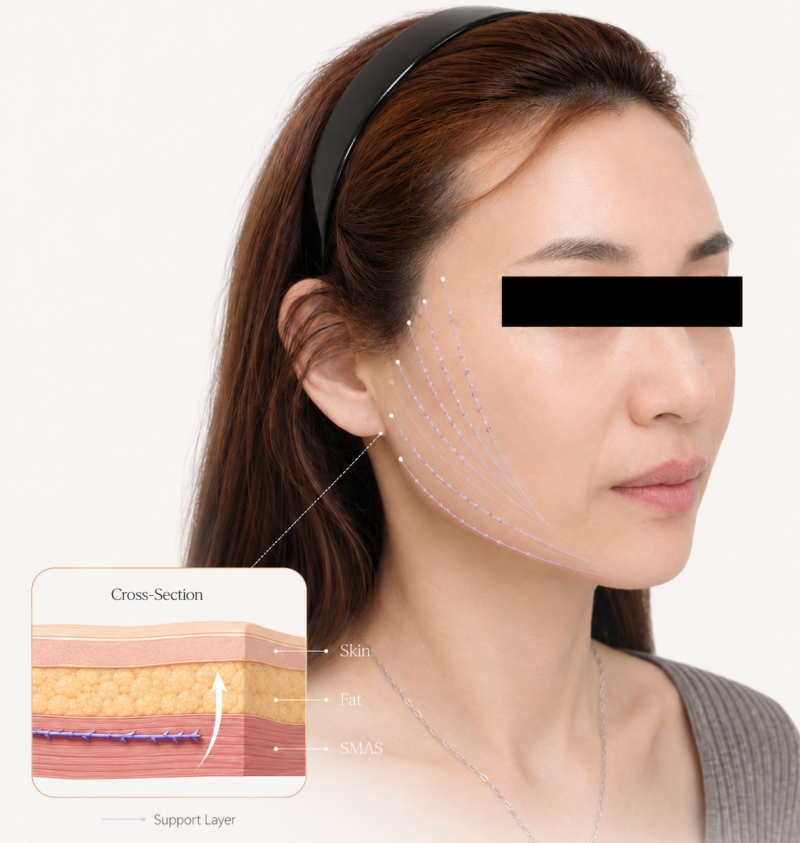 얼굴에 삽입된 실의 지지선과 피부·지방·SMAS층 단면을 보여주는 설명 이미지