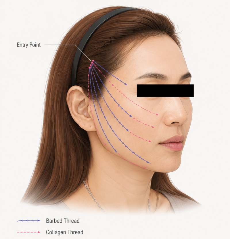 관자 부위 진입점에서 볼과 턱선 방향으로 배치되는 실의 방향을 보여주는 설명 이미지
