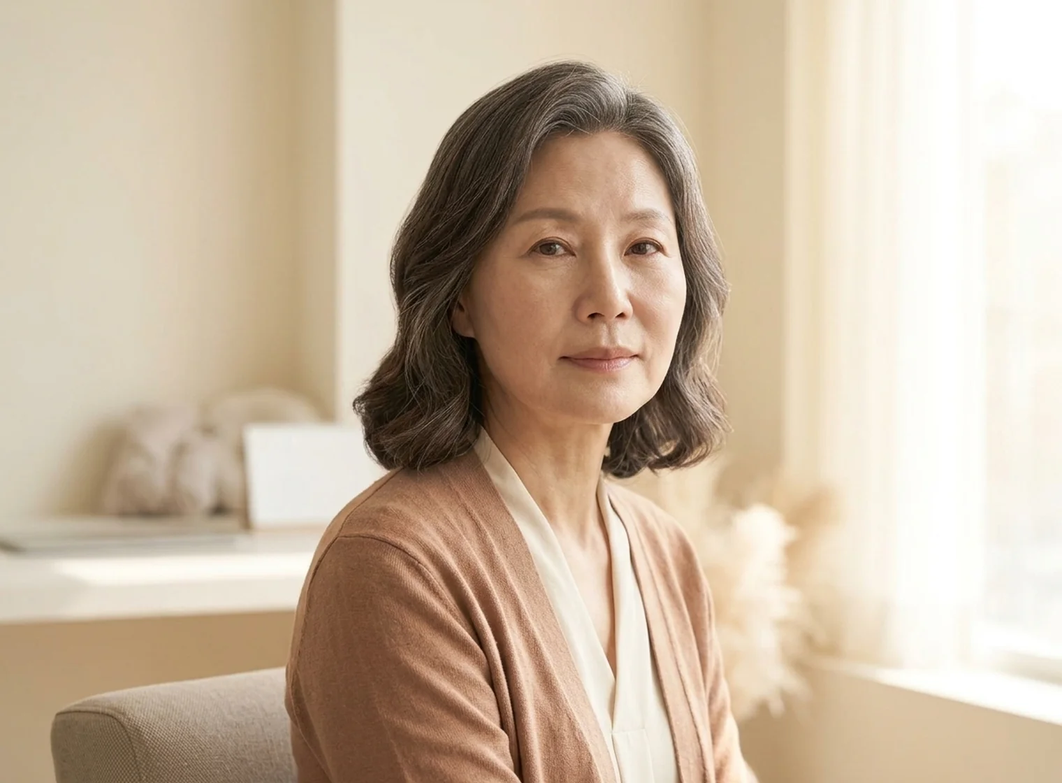 자연광 아래에서 눈매를 차분히 살피는 중년 여성