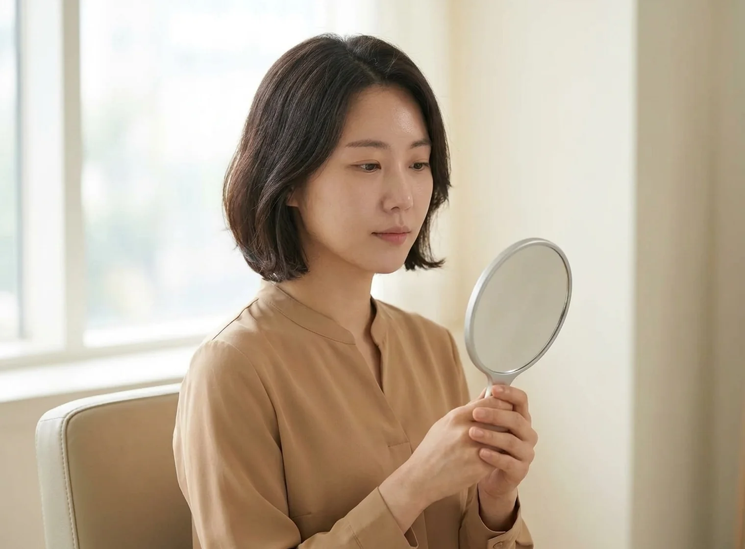 거울로 눈매를 차분히 확인하는 여성