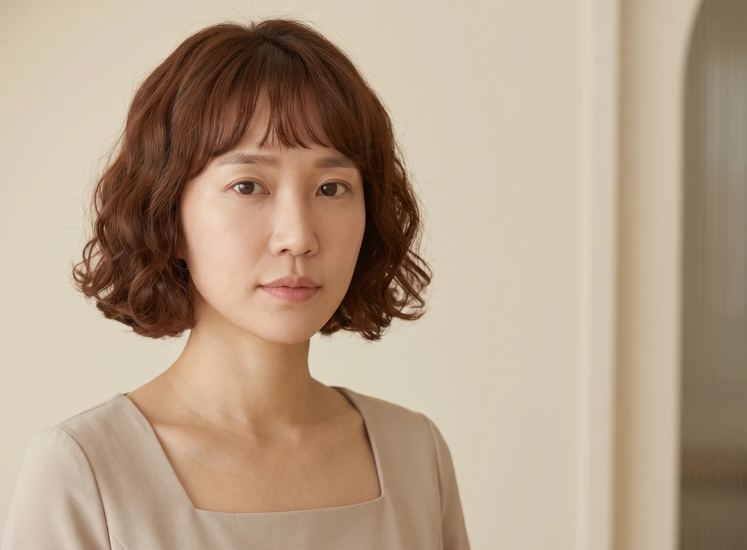 자연광 아래에서 이마와 볼, 입술, 턱선이 보이는 여성