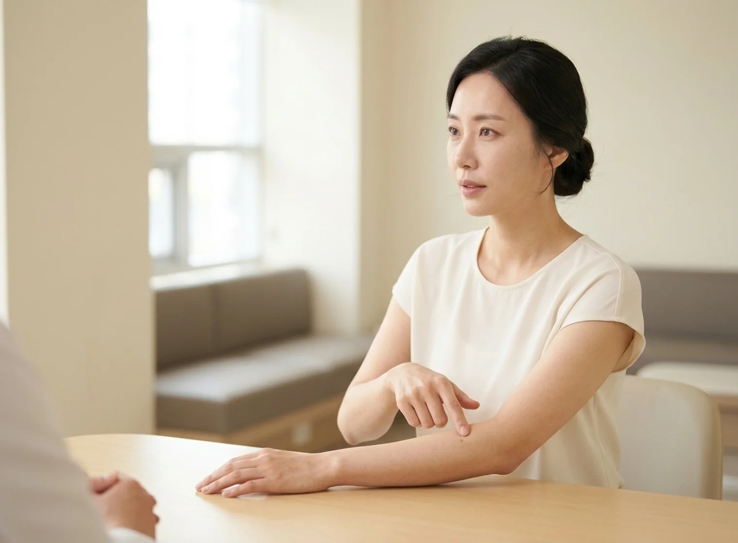 팔의 멍울 위치를 짚으며 상담을 듣는 여성