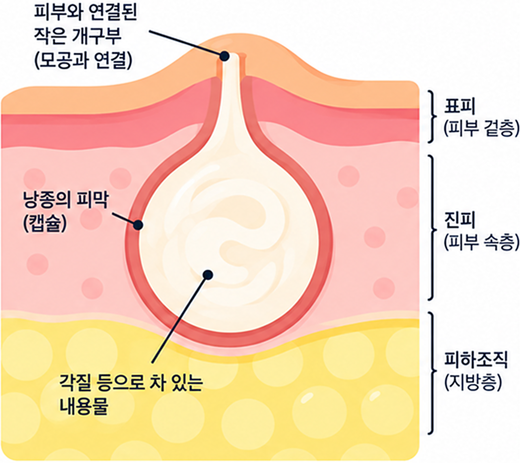 표피낭종의 피부층 구조와 캡슐을 보여주는 그림
