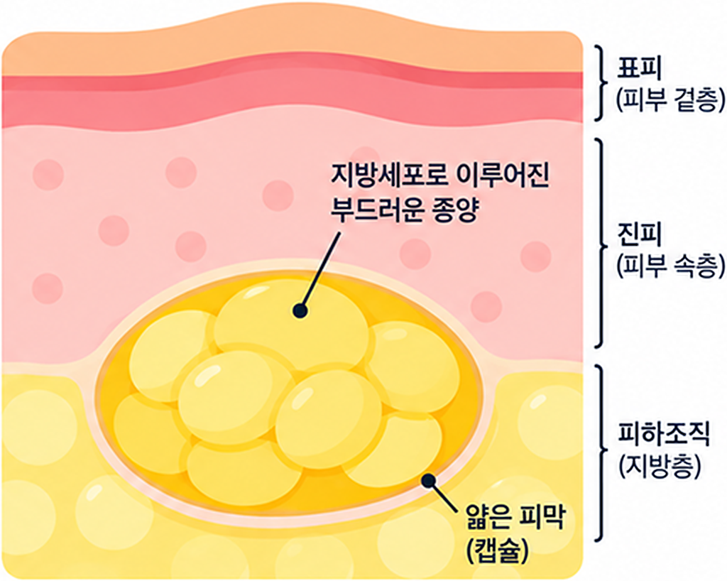 지방종의 피부층 구조와 지방세포 덩어리를 보여주는 그림