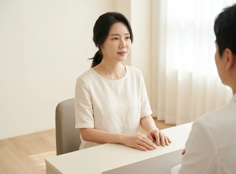 밝은 상담실에서 상담을 듣고 있는 40대 여성