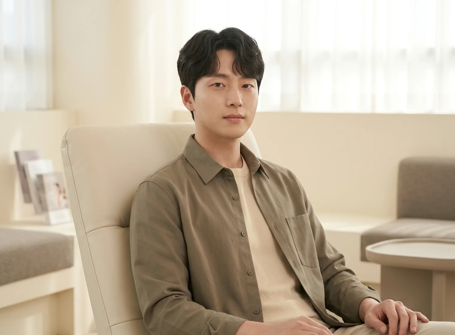 자연광 아래에서 눈밑 윤곽을 차분히 살피는 남성